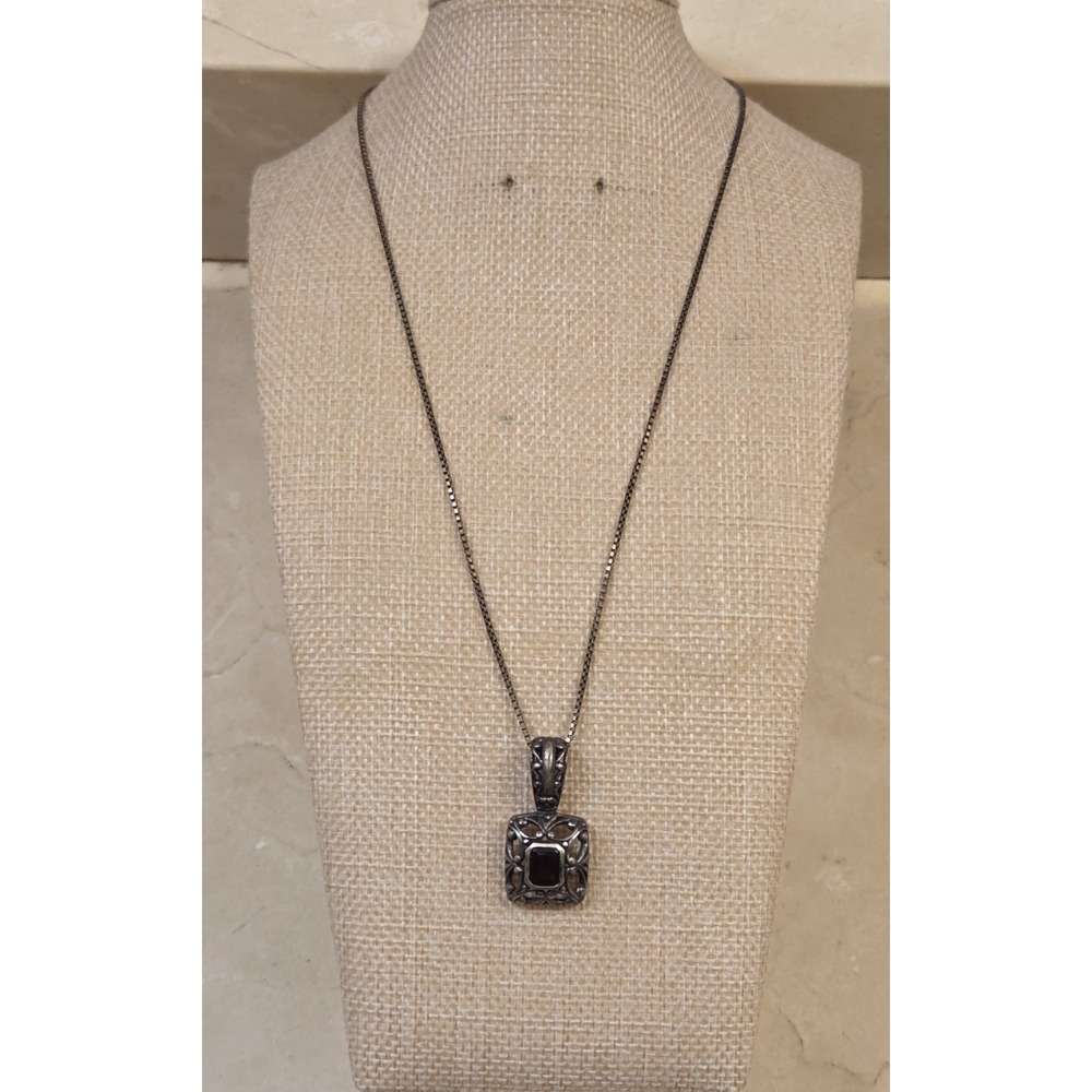 Vintage Ornate Filigree Dark Garnet Pendant 18" Sterling‎ Box Chain